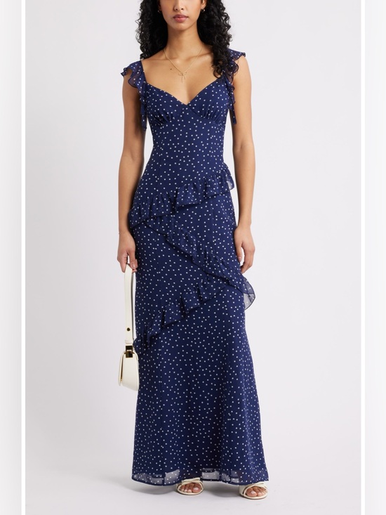 bp Dresses & Skirts - BP Navy Polka Dot Asymmetric Ruffle Tiered Maxi Dress | Size M